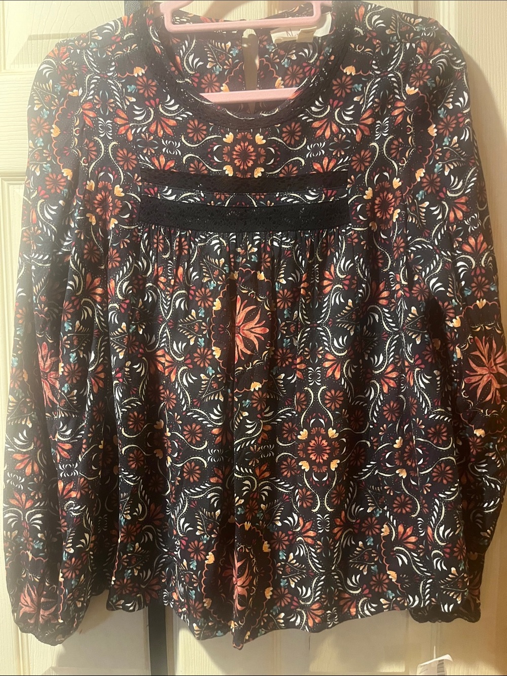 Black Floral-Print Long Sleeve Tunic Top